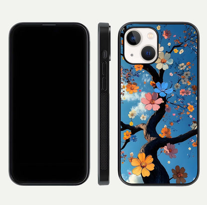 Blossom Dream Sky Glass Case for iPhone 16 Pro front-and-back layout showing floral print and premium edge gloss