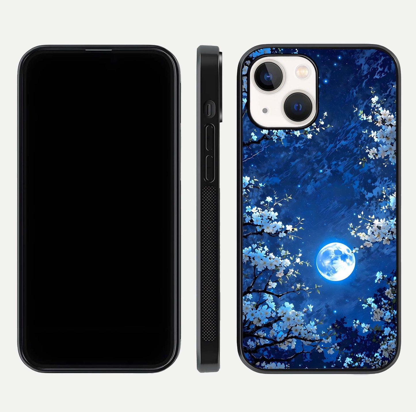 Blossom Moonlight Sky Glass Case for iPhone 14 dual-view layout highlighting sky gradient and floral composition