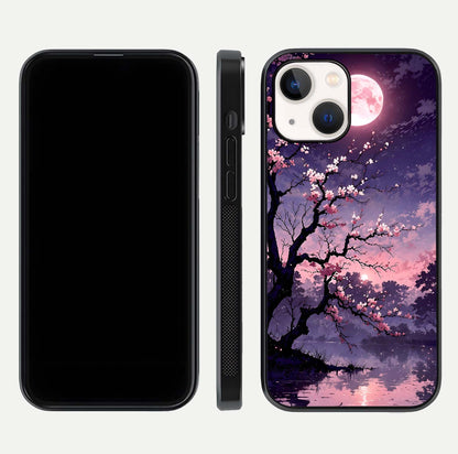 Blossom Pink Moon Glass Case for iPhone 16 Pro front-and-back layout showing minimal edges and artistic flower print