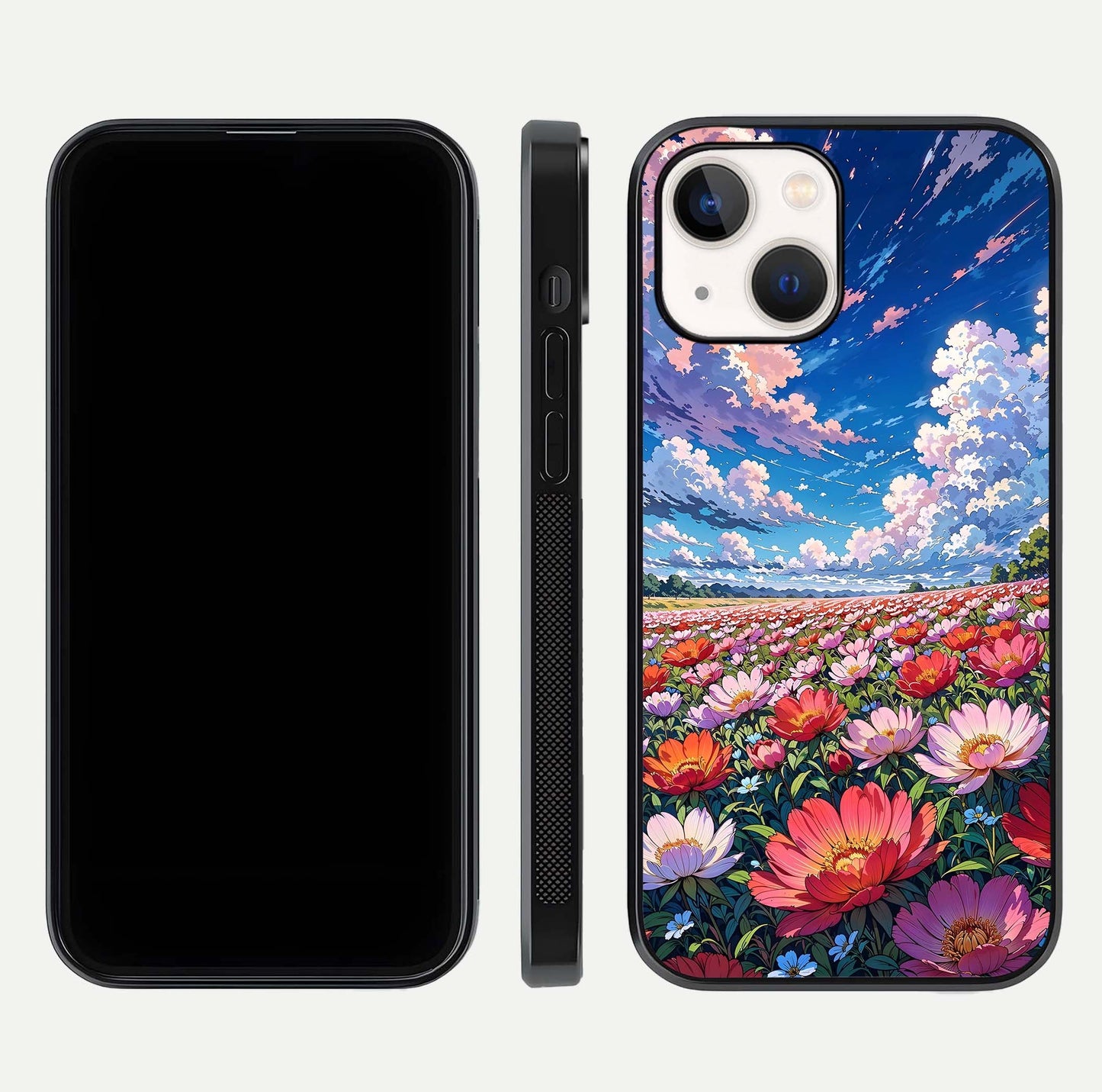 Blossom Sky Field Glass Case for iPhone 16 Pro front-and-back layout highlighting design edges and gloss clarity