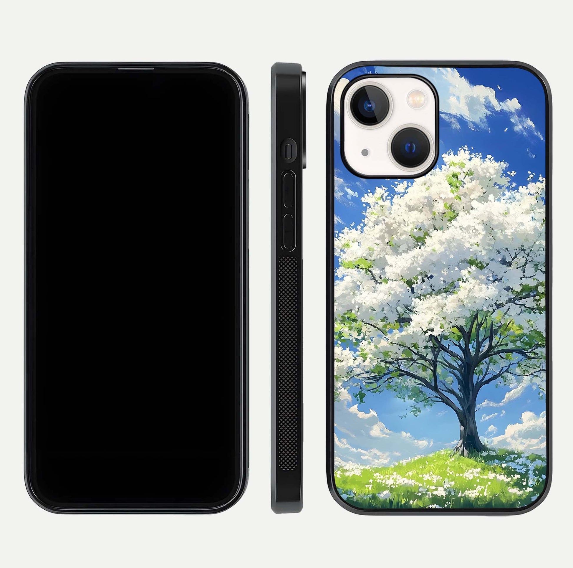 Blossom Sky Serenity Glass Case for iPhone 16 Pro dual-view layout showing pastel hues and soft protective edges