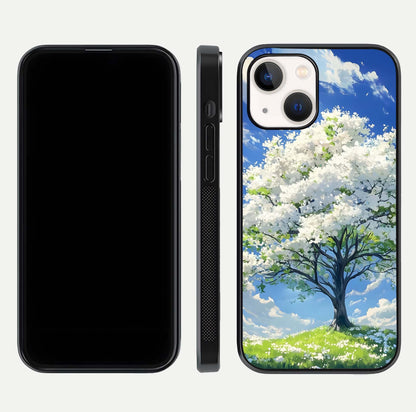 Blossom Sky Serenity Glass Case for iPhone 16 Pro dual-view layout showing pastel hues and soft protective edges