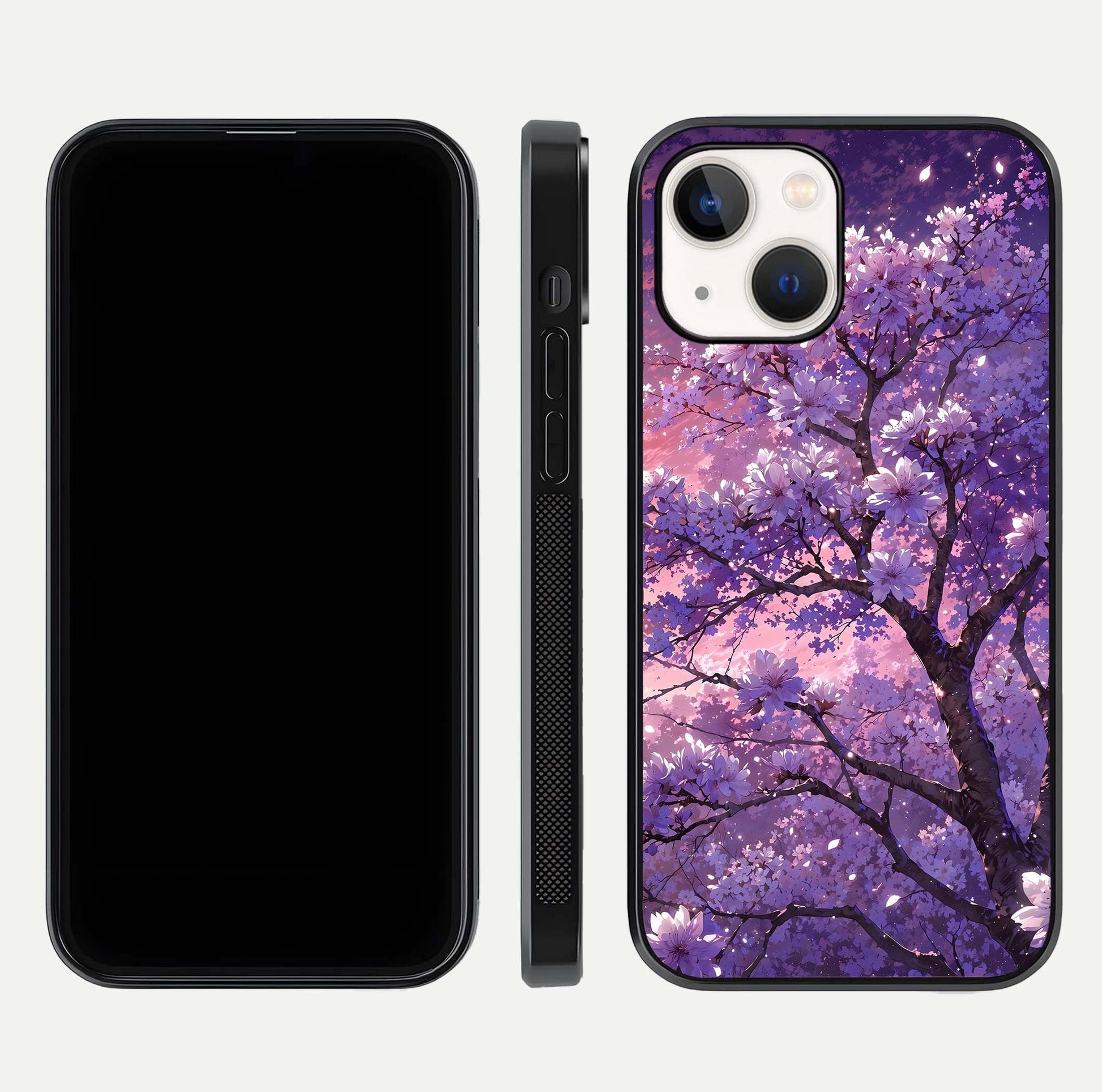 Blossom Tree Glass Case for iPhone 16 Pro front-and-back layout showing art alignment and gloss reflection
