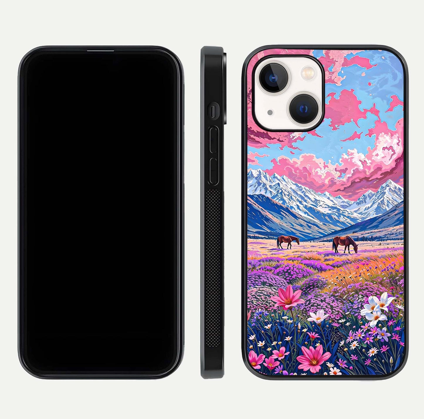 Blossom Valley Dream Glass Case for iPhone 14 front-and-back layout highlighting glossy reflection and edge cut