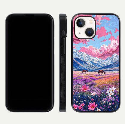 Blossom Valley Dream Glass Case for iPhone 14 front-and-back layout highlighting glossy reflection and edge cut