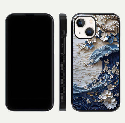 Blossom Wave Art Glass Case for iPhone 16 Pro front-and-back layout showing curved design and glass clarity