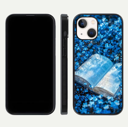Blue Bloom Tales Glass Case for iPhone 16 Pro dual-view layout highlighting shine, floral print, and smooth edges