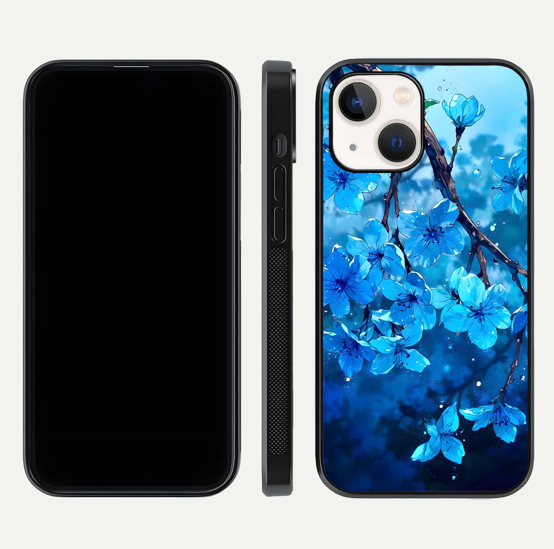 Blue Blossoms Branch Glass Case for iPhone 14 dual-view layout displaying floral art and sleek protective frame