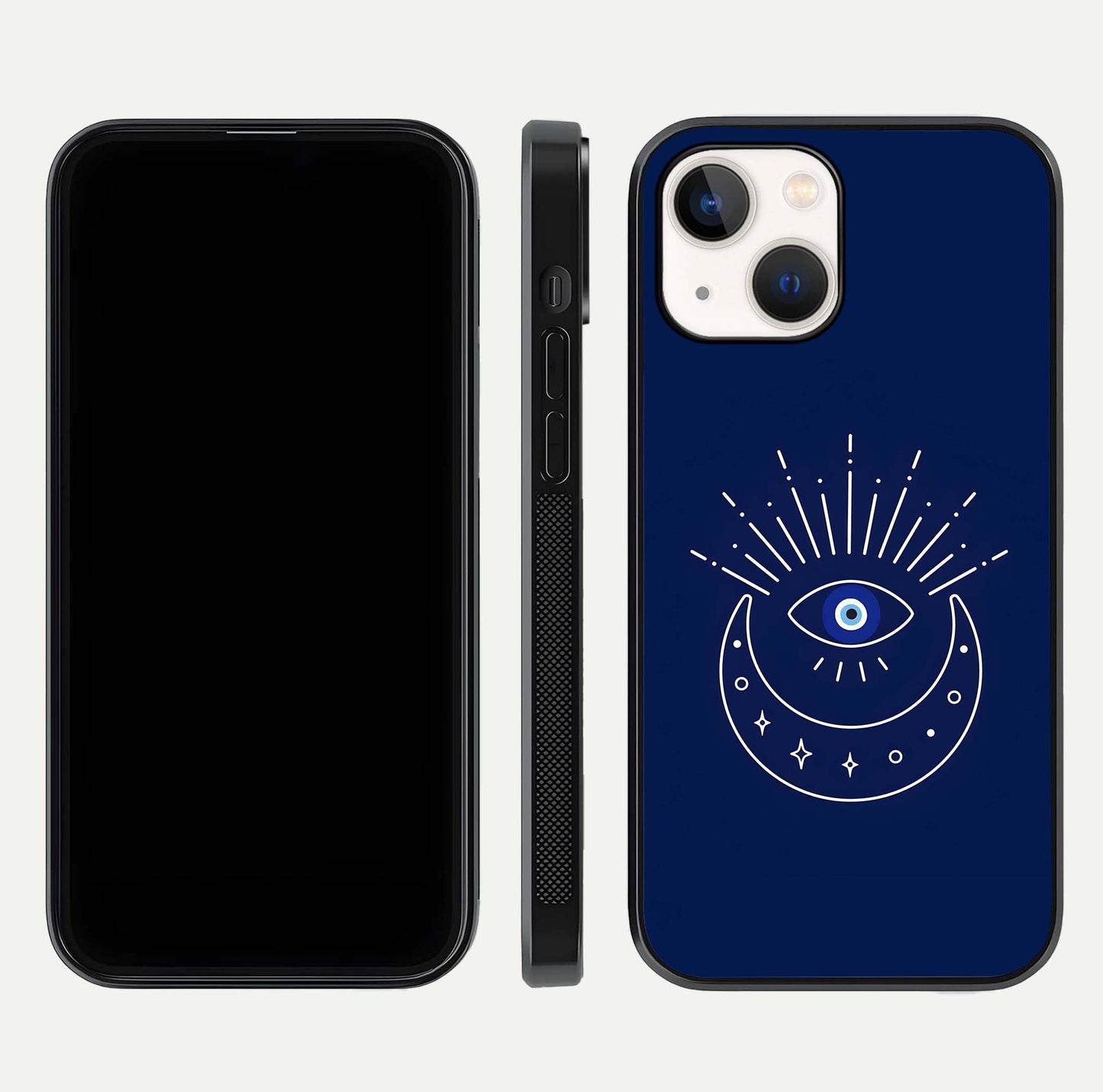 Blue Evil Eye Glass Case for iPhone 16 Pro front-and-back layout showing blue aura design and curved-edge clarity