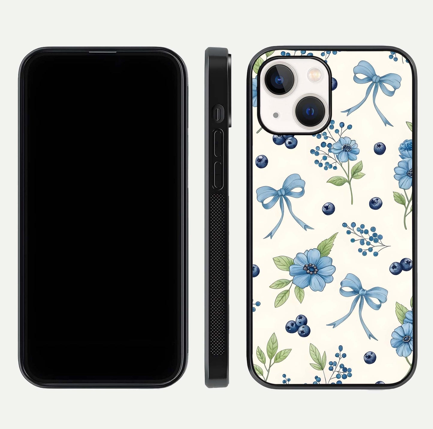 Blue Flower & Bow Glass Case for iPhone 14 dual-view layout showing balanced pattern and smooth edges
