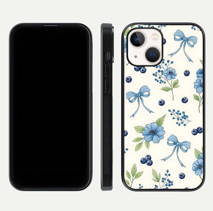 Blue Flower & Bow Glass Case for iPhone 14 dual-view layout showing balanced pattern and smooth edges