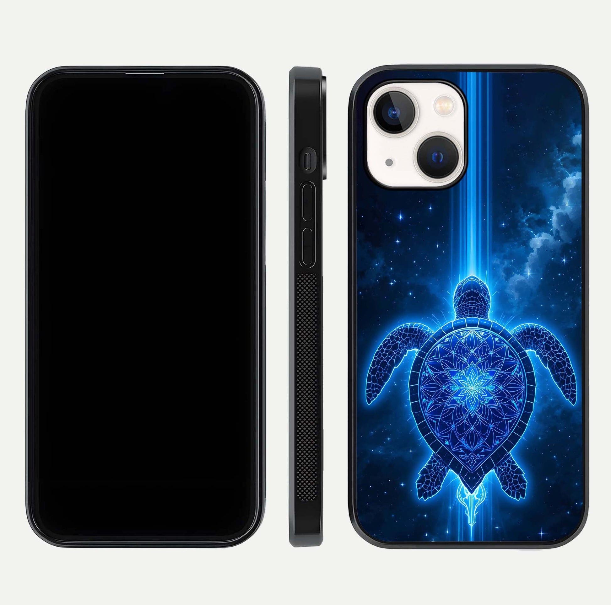 Blue Galaxy Turtle Glass Case for iPhone 16 Pro front-and-back layout highlighting cosmic art and reflective glass