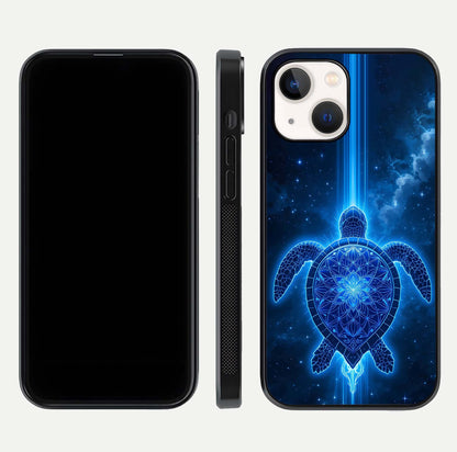 Blue Galaxy Turtle Glass Case for iPhone 16 Pro front-and-back layout highlighting cosmic art and reflective glass