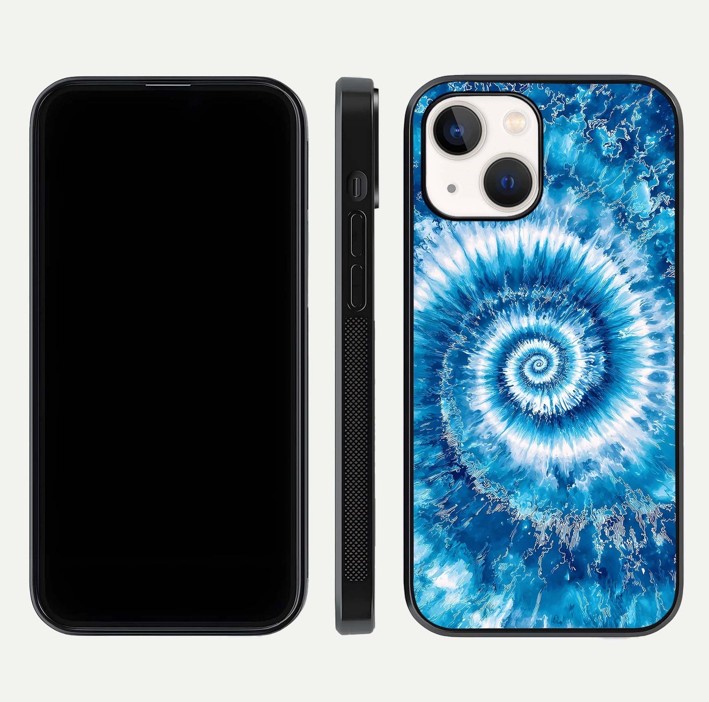 Blue Galaxy Wave Glass Case for iPhone 14 front-and-back layout showing gradient flow and shine clarity