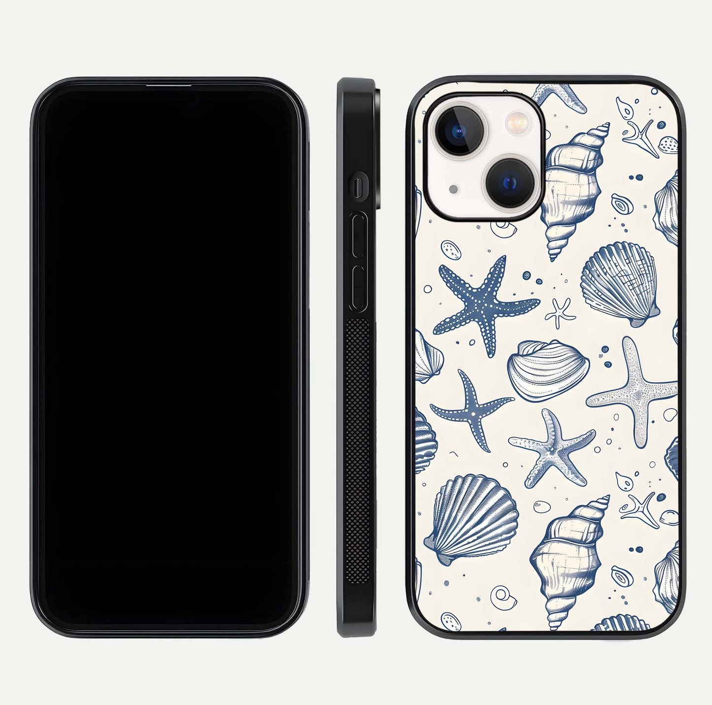 Blue Ocean Outline Glass Case for iPhone 14 front-and-back layout showing minimal wave design and HD gloss