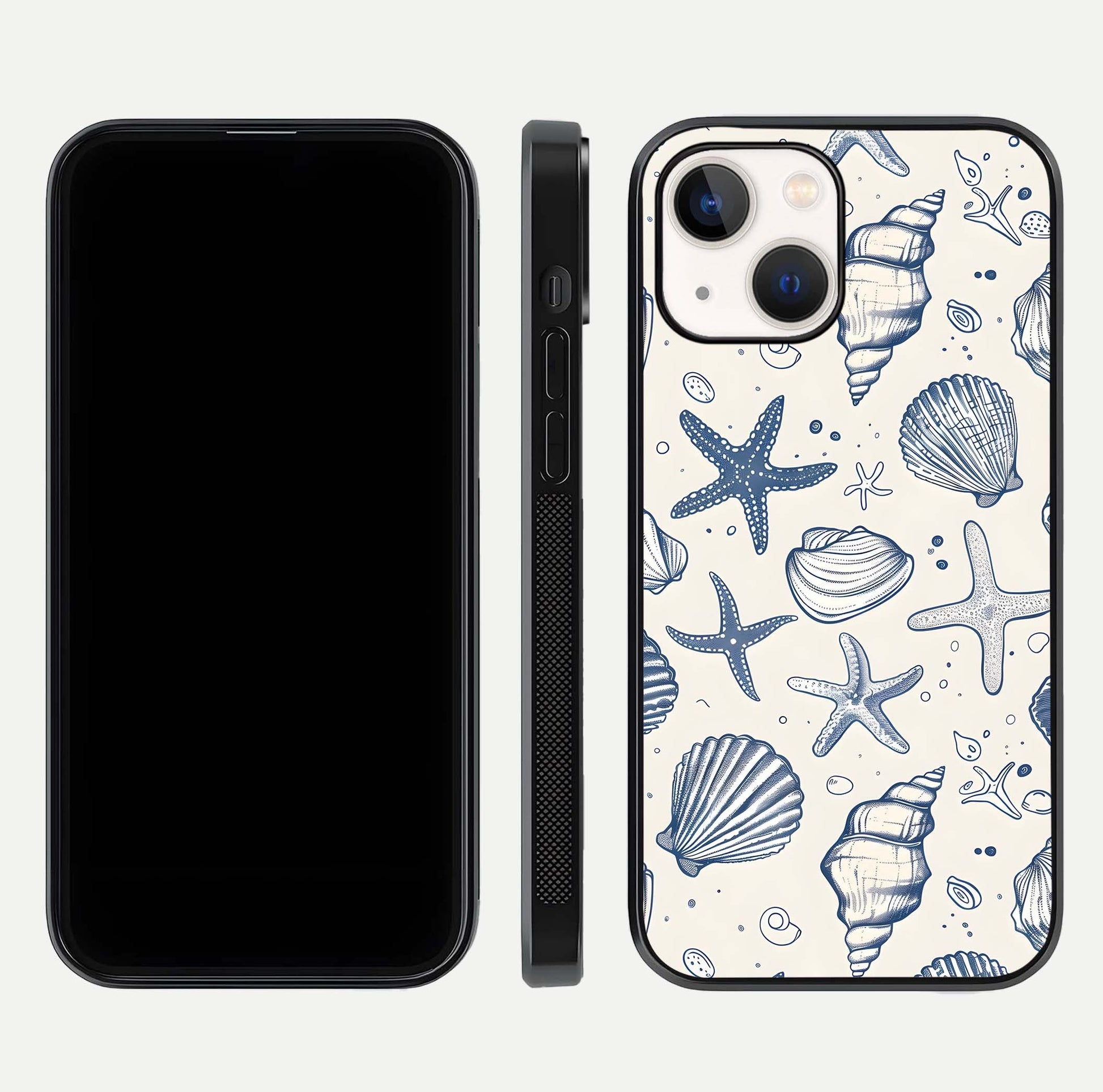 Blue Ocean Outline Glass Case for iPhone 14 front-and-back layout showing minimal wave design and HD gloss