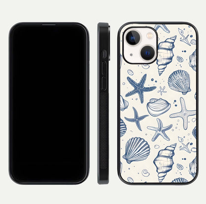 Blue Ocean Outline Glass Case for iPhone 14 front-and-back layout showing minimal wave design and HD gloss
