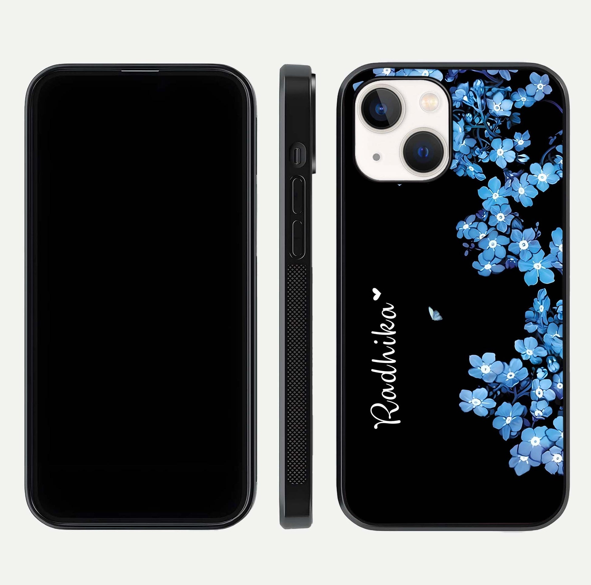 Blue Petal Dream Custom Name Glass Case for iPhone 14 dual-view layout showing text placement and premium finish