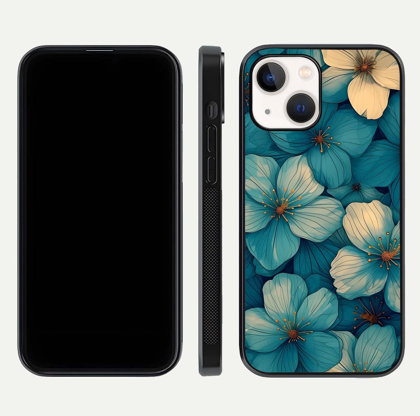 Blue Shade Floral Glass Case for iPhone 14 front-and-back layout displaying bloom contrast and edge polish