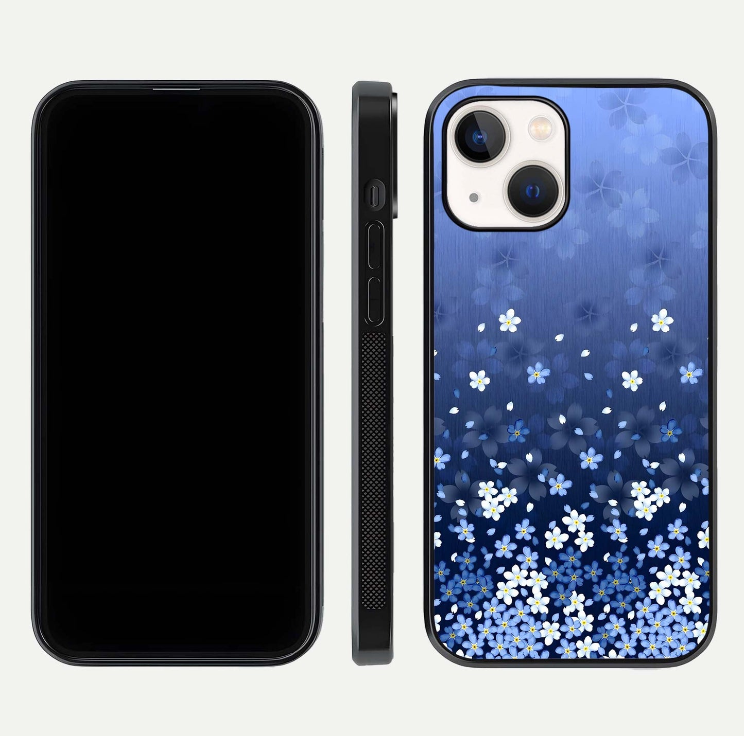 Blue Starry Glass Case for iPhone 14 dual-view layout showing star spread and smooth edge shine