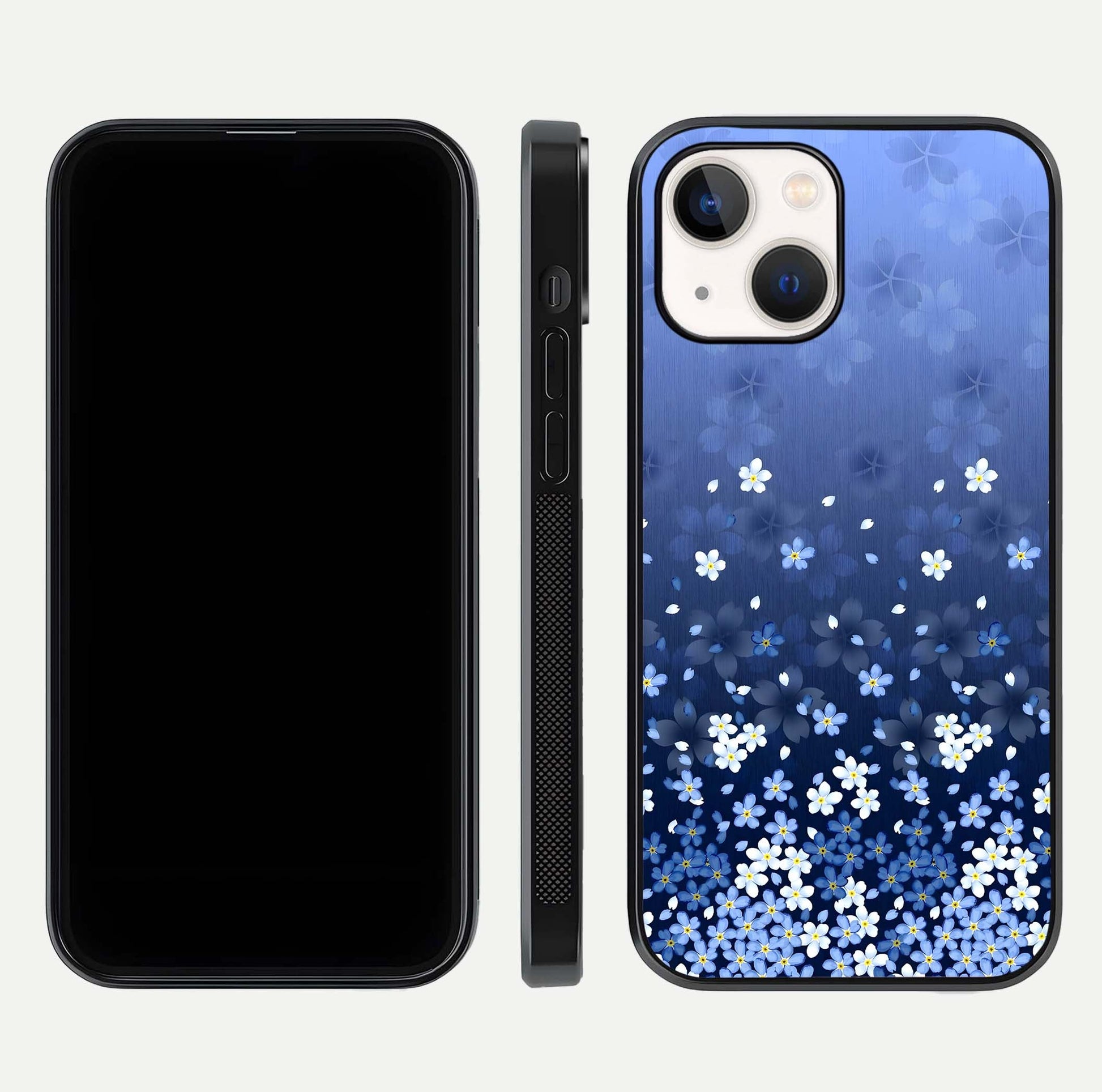 Blue Starry Glass Case for iPhone 14 dual-view layout showing star spread and smooth edge shine