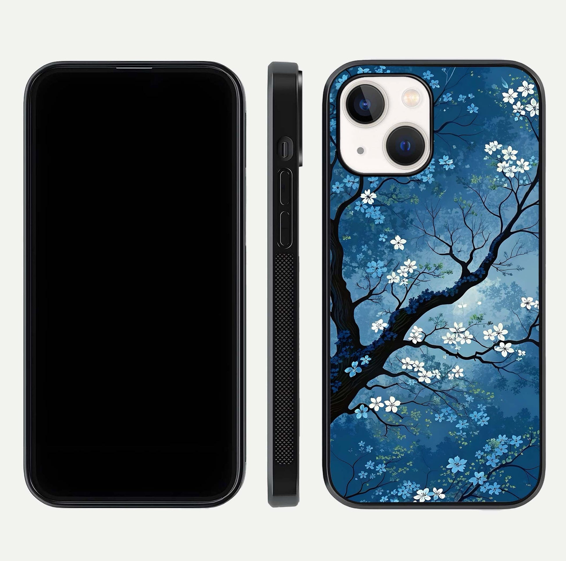 Blue Tree Serenity Glass Case for iPhone 14 front-and-back layout showing gradient background and smooth edges