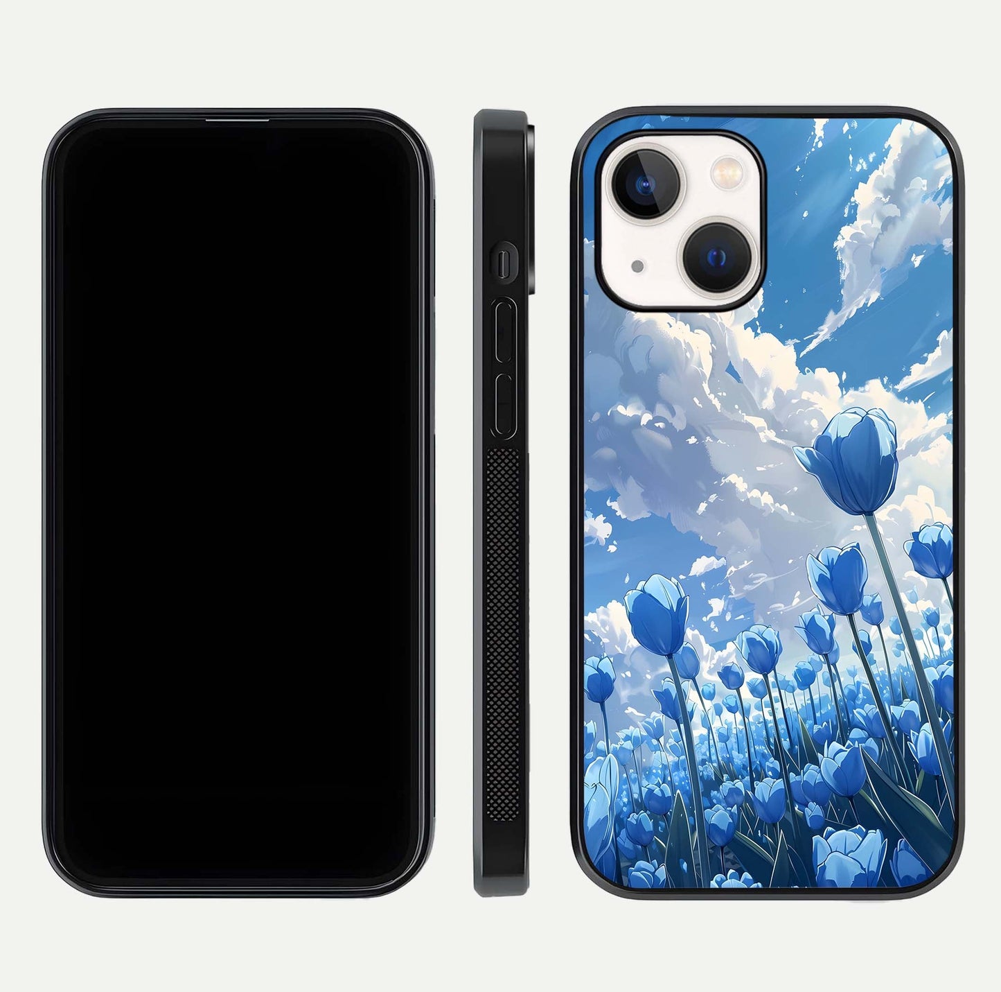 Blue Tulip Clouds Glass Case for iPhone 16 Pro front-and-back layout showcasing floral detail and polished edges