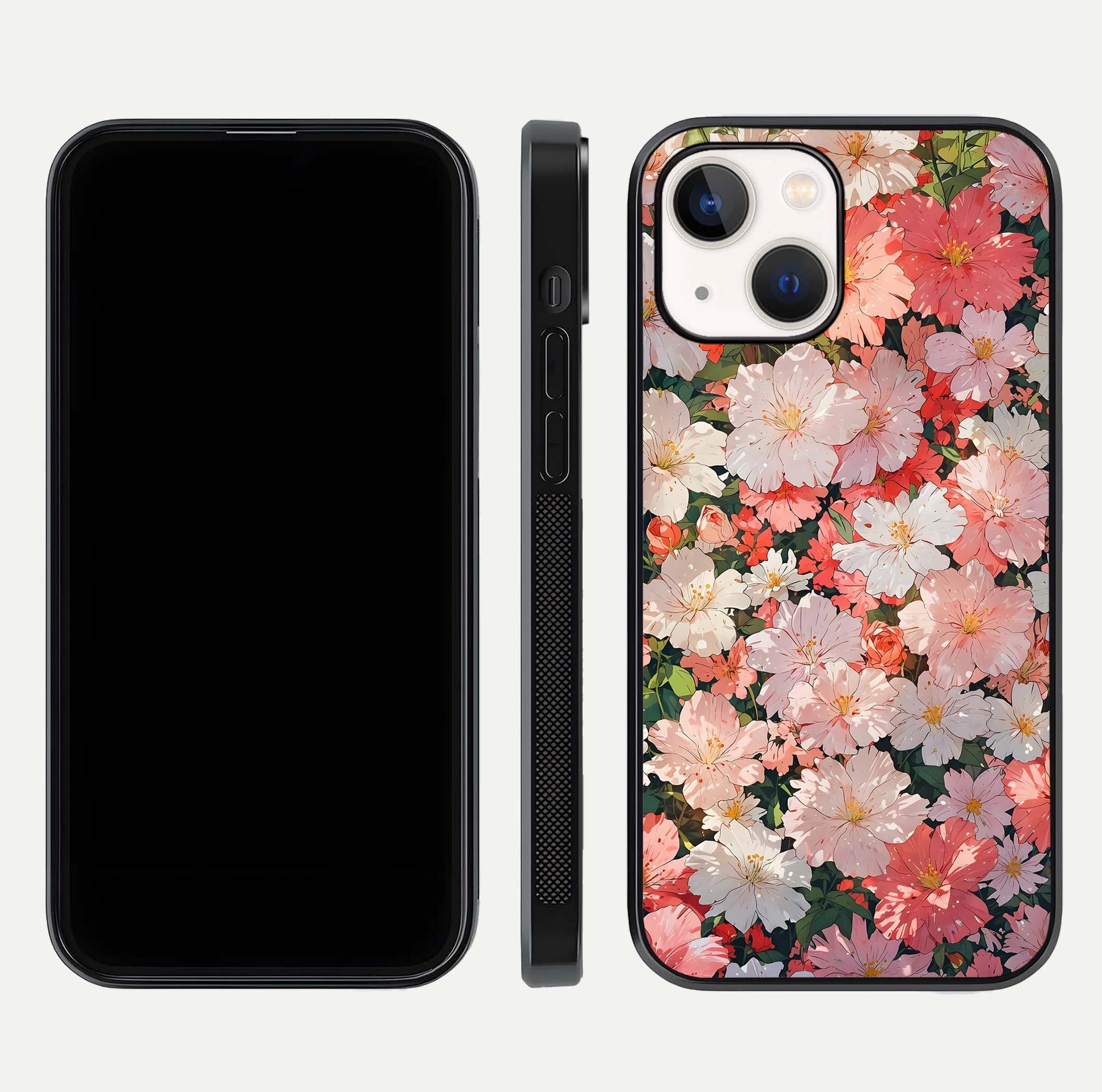 Blush Bloom Field Glass Case for iPhone 16 Pro dual-view layout showing bloom arrangement and protective frame