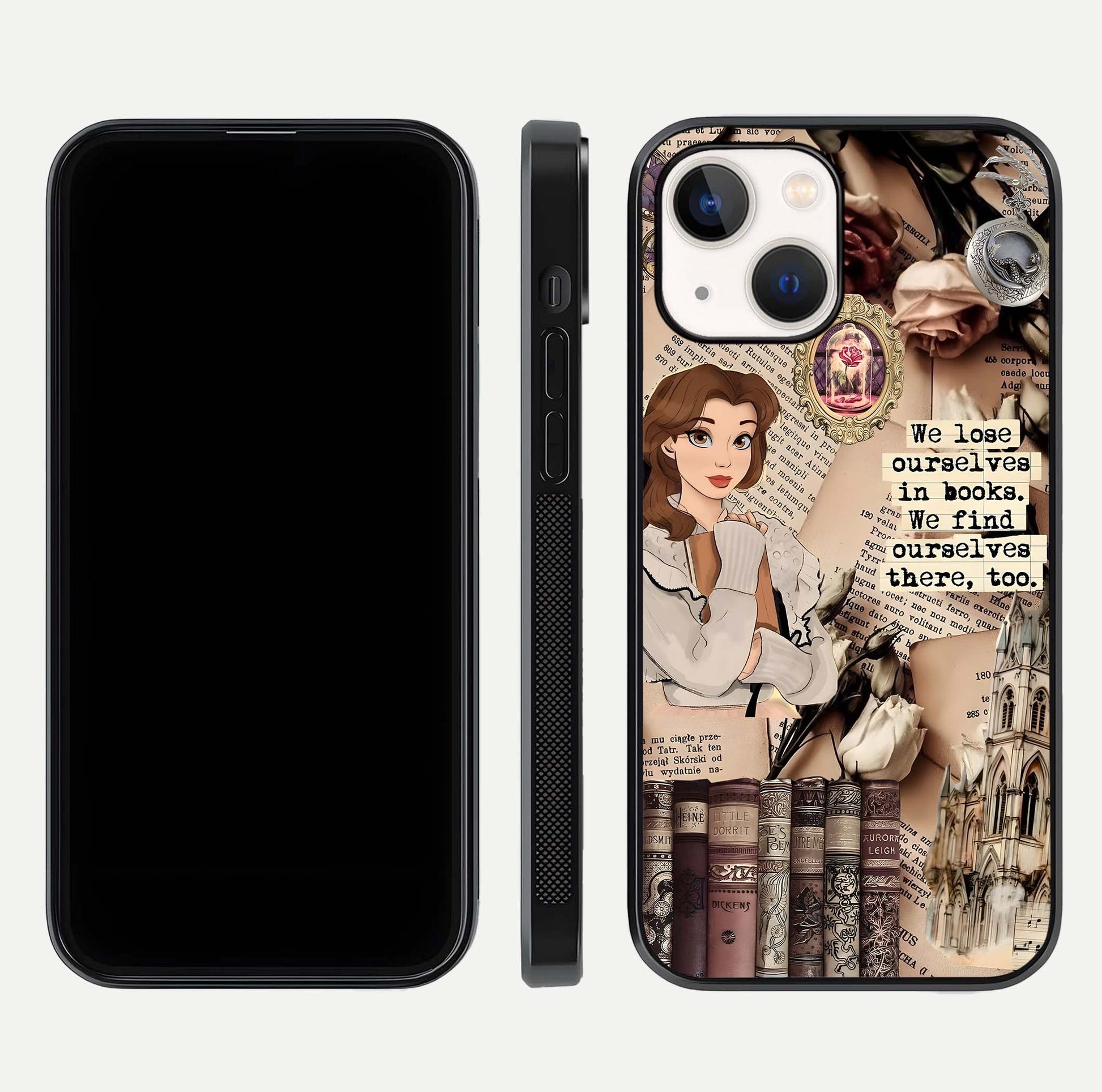 Bookish Dream World Glass Case for iPhone 14 dual-view layout displaying colorful fantasy print and edge finish