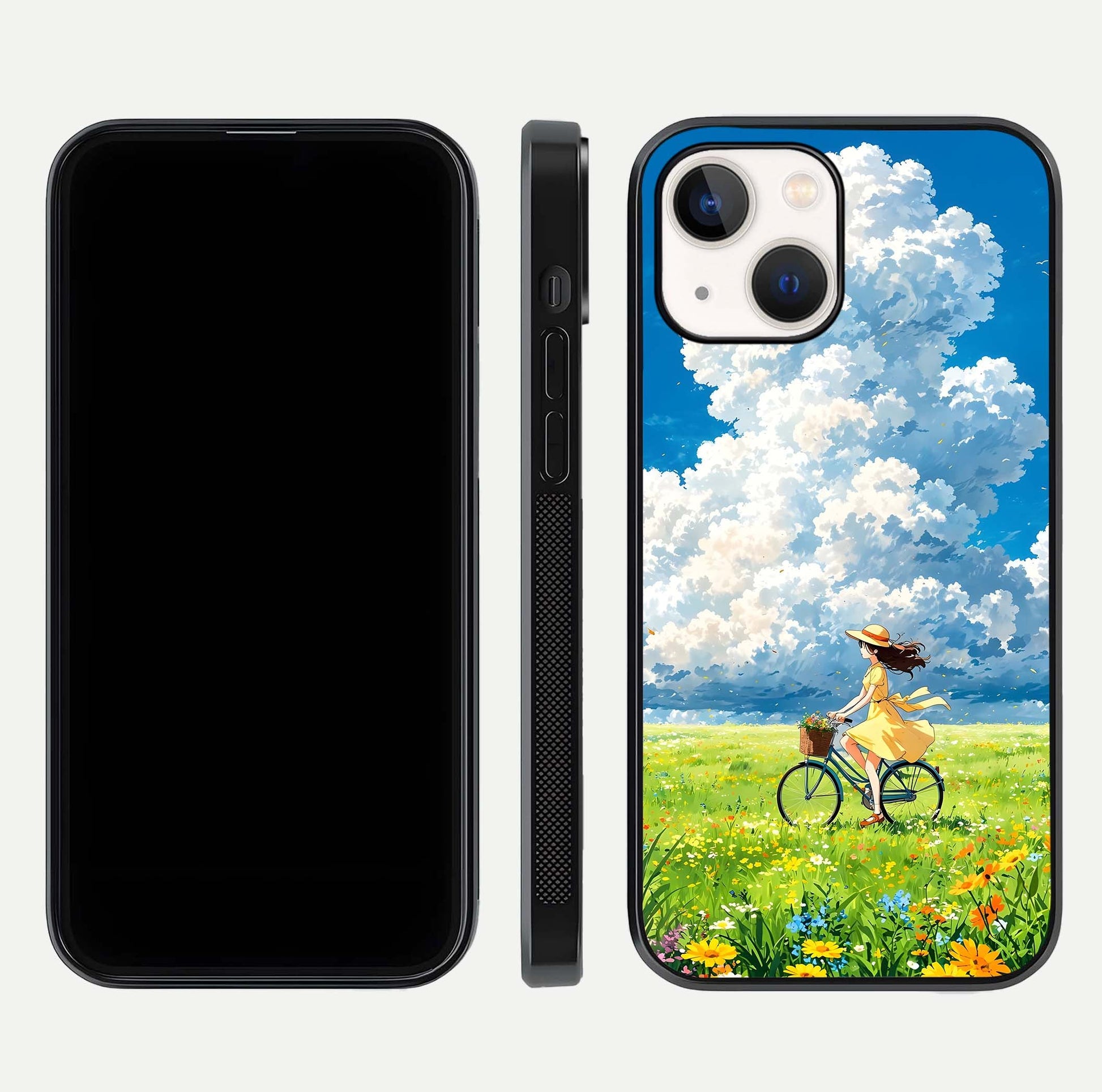 Breezy Meadow Ride Glass Case for iPhone 14 dual-view layout showing soft landscape design and reflection gloss