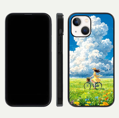 Breezy Meadow Ride Glass Case for iPhone 14 dual-view layout showing soft landscape design and reflection gloss