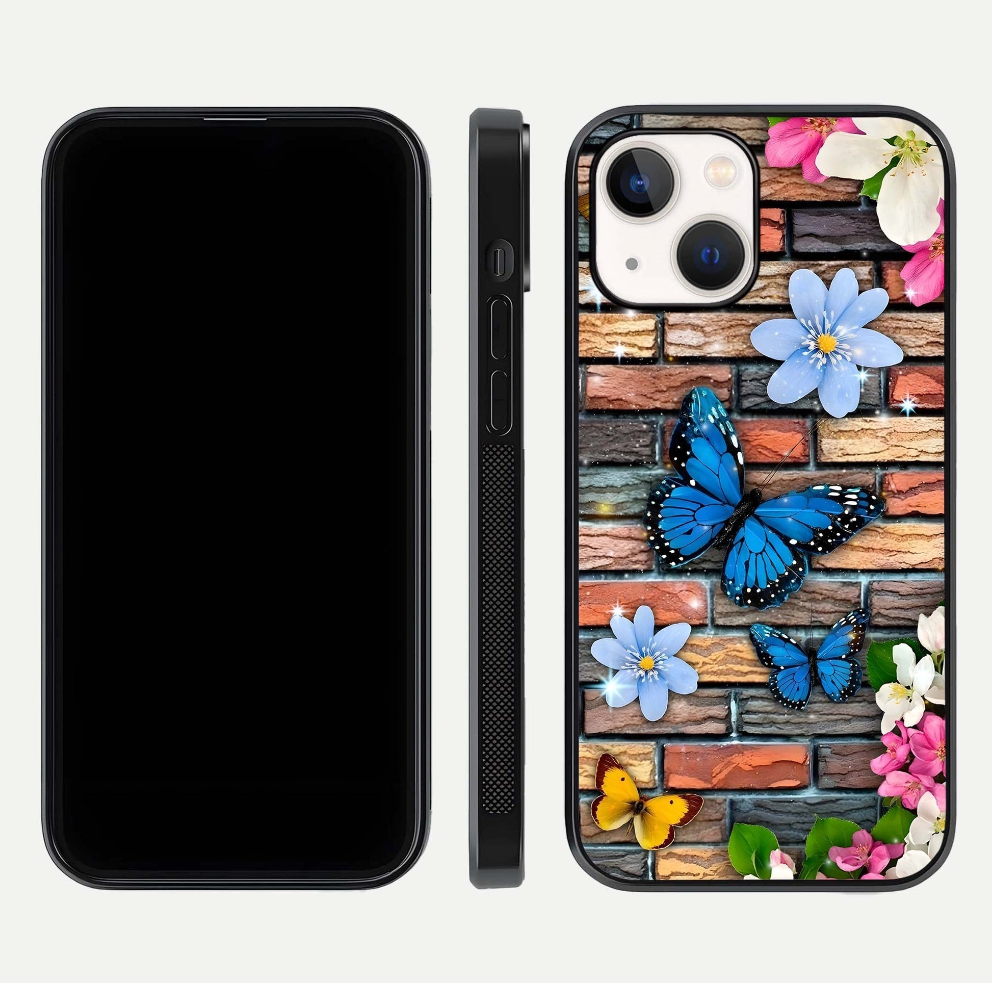 Brick Bloom Flight Glass Case for iPhone 14 dual-view layout showing bloom placement and protective edge design
