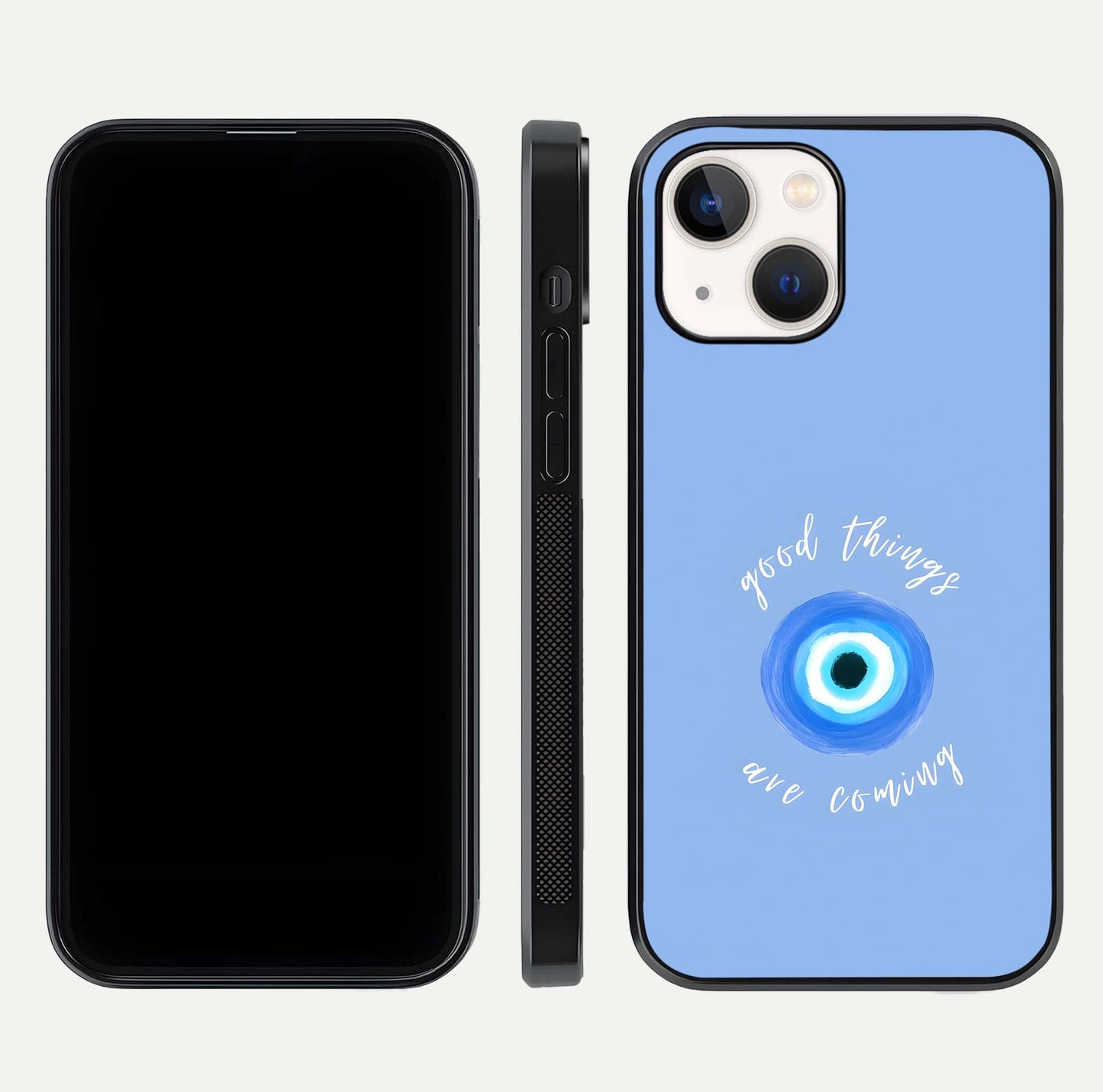 Bright Future Ahead Glass Case for iPhone 14 front-and-back layout showing clean font style and gloss shine