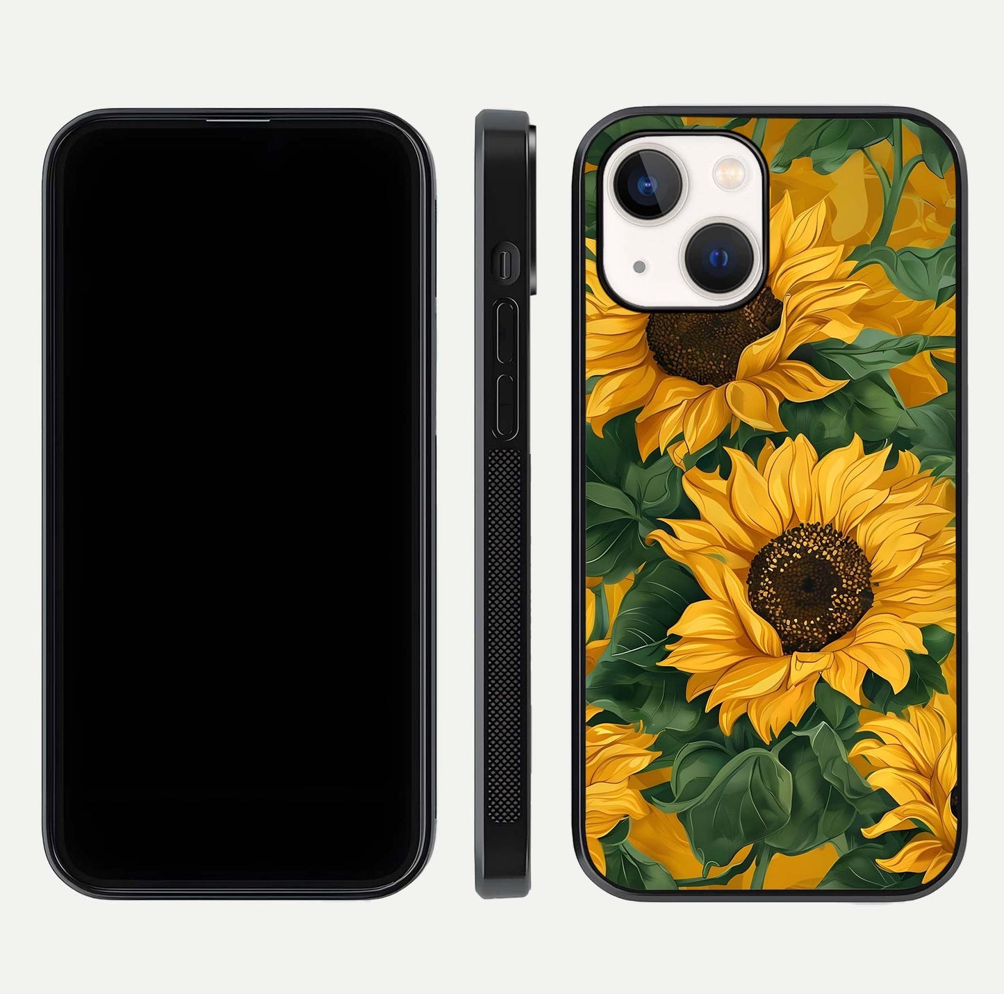 Bright Sunflower Bloom Glass Case for iPhone 14 dual-view layout displaying floral glow and curved glass edge