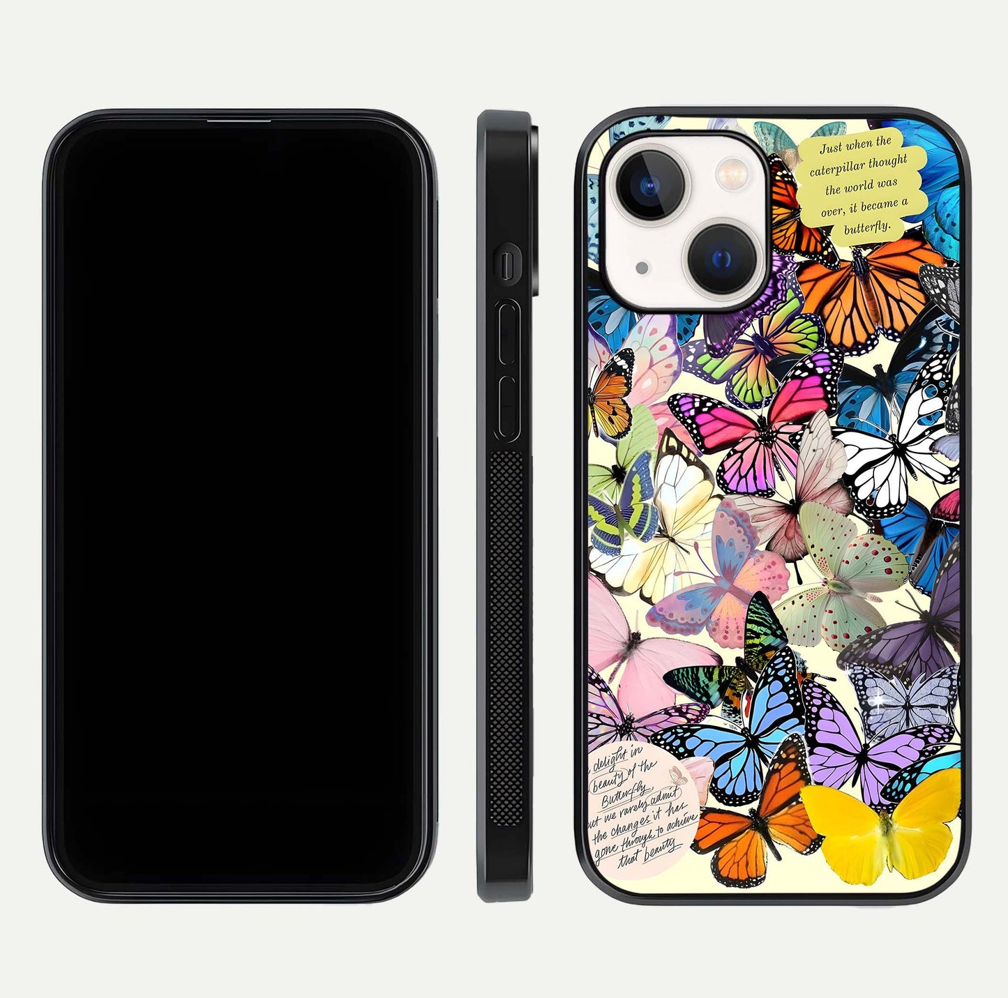 Butterflies Petal Dream Glass Case for iPhone 14 front-and-back layout showcasing floral spread and reflection shine