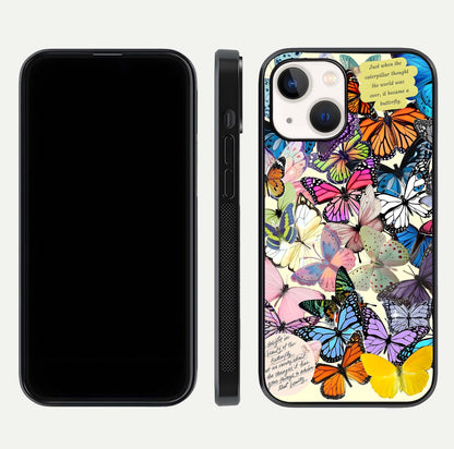 Butterflies Petal Dream Glass Case for iPhone 14 front-and-back layout showcasing floral spread and reflection shine