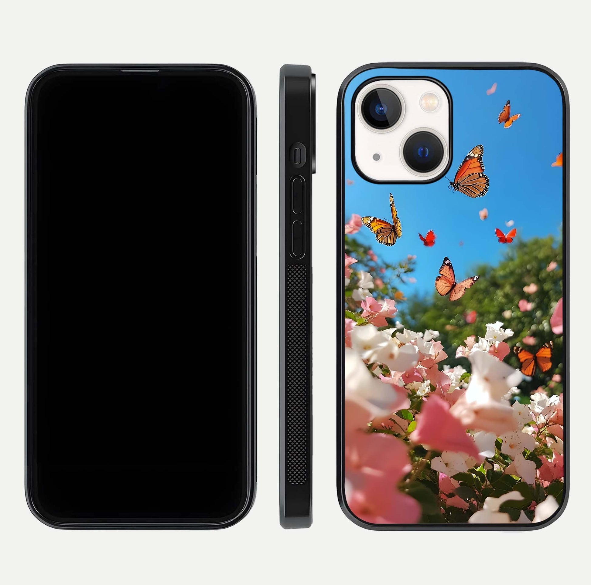 Butterflies in Bloom Sky Glass Case for iPhone 14 dual-view layout displaying elegant composition and glass gloss