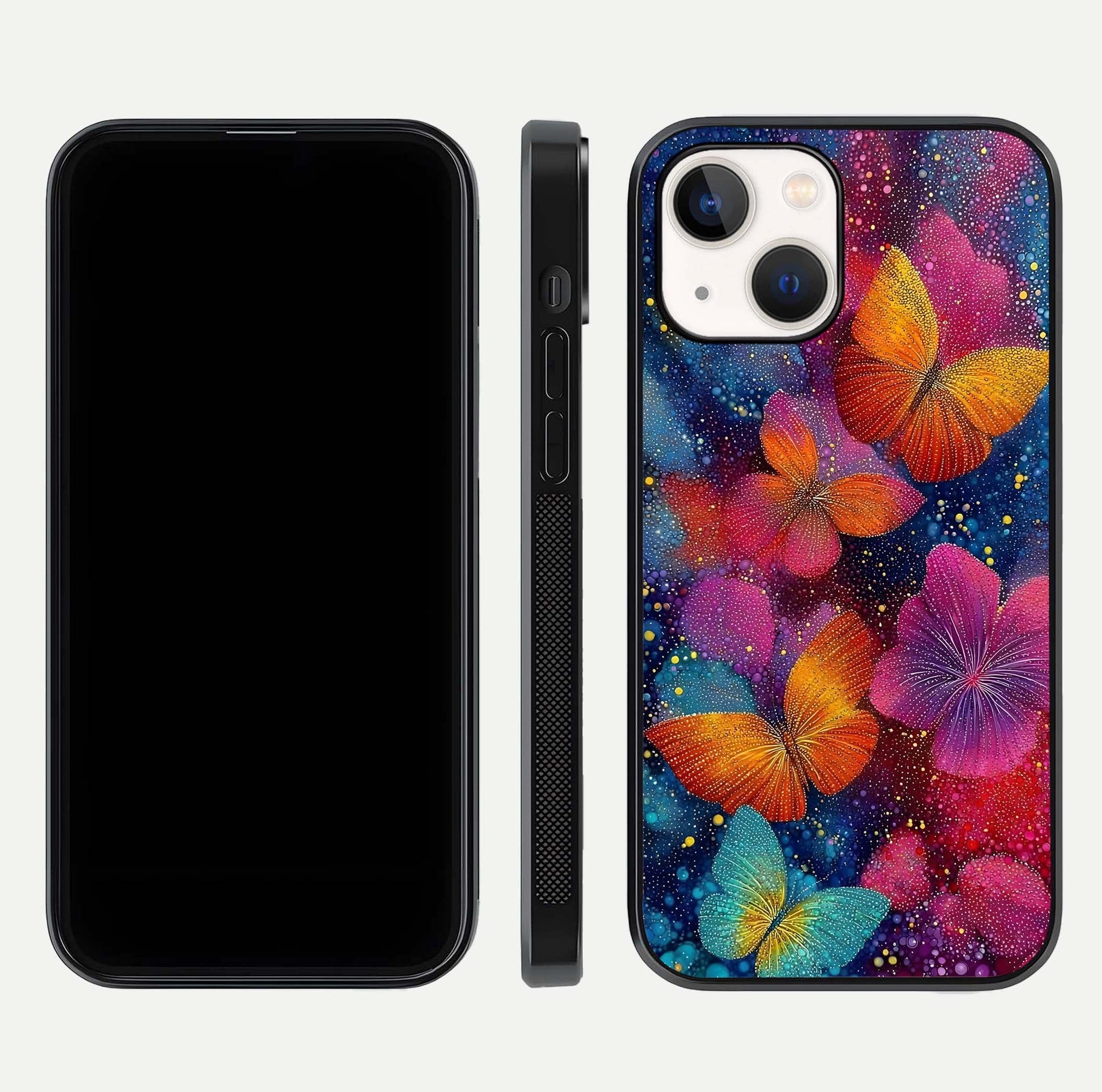 Butterfly Dream Mist Glass Case for iPhone 14 dual-view layout showing mist background and edge polish