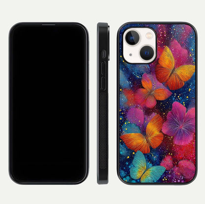 Butterfly Dream Mist Glass Case for iPhone 14 dual-view layout showing mist background and edge polish
