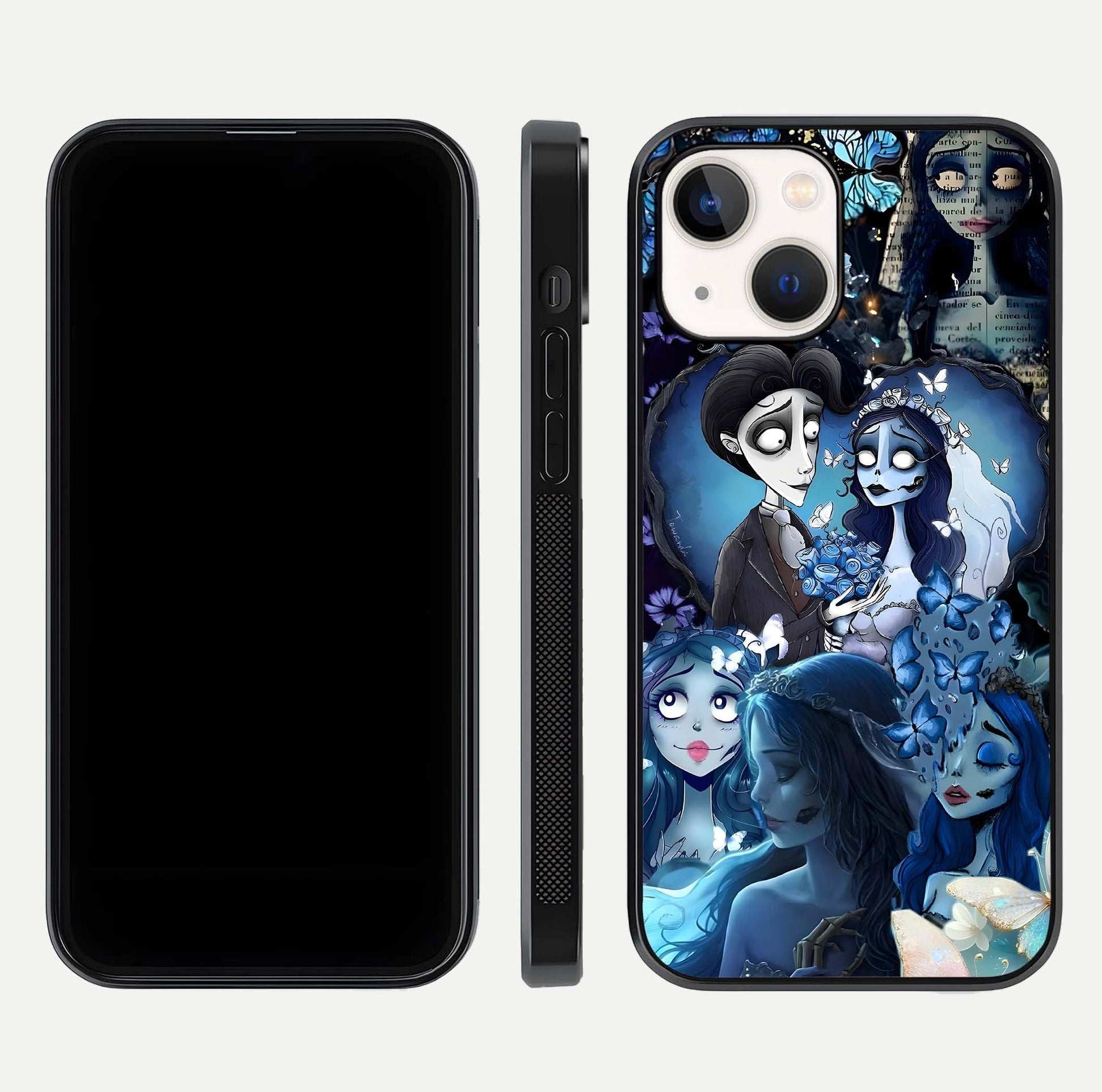 Butterfly Ghost Soul Glass Case for iPhone 14 front-and-back layout highlighting dark art balance and HD shine