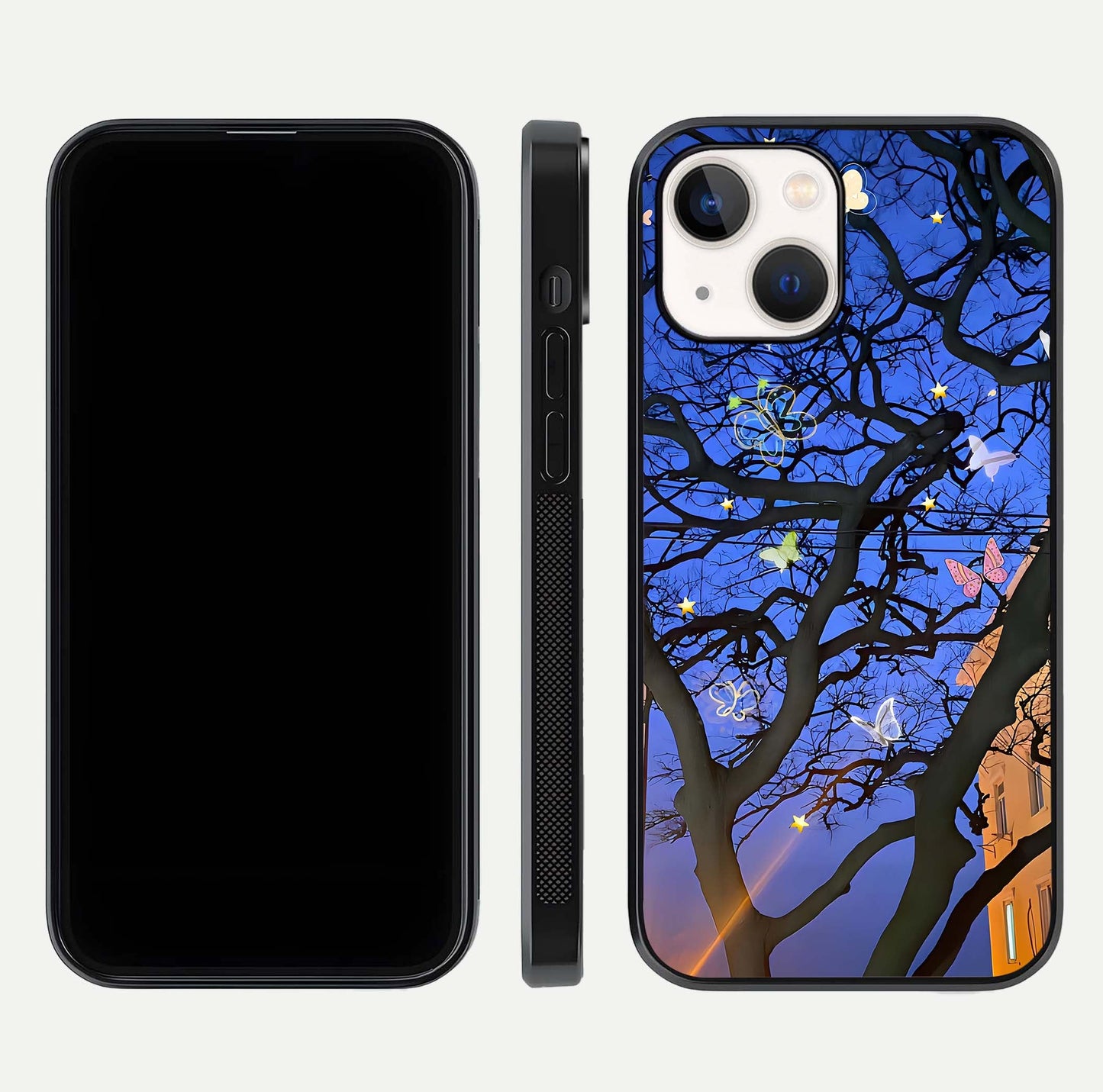 Butterfly Night Magic Glass Case for iPhone 14 dual-view layout displaying balanced art and edge clarity