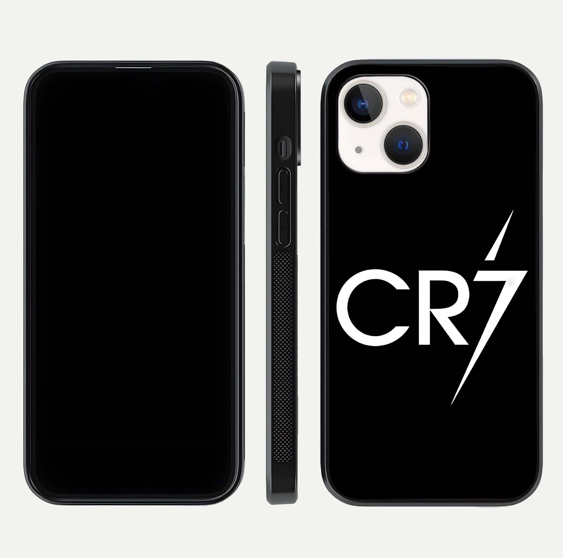 CR7 Elite Strike Glass Case for iPhone 14 dual-view layout showing sport tones and edge clarity