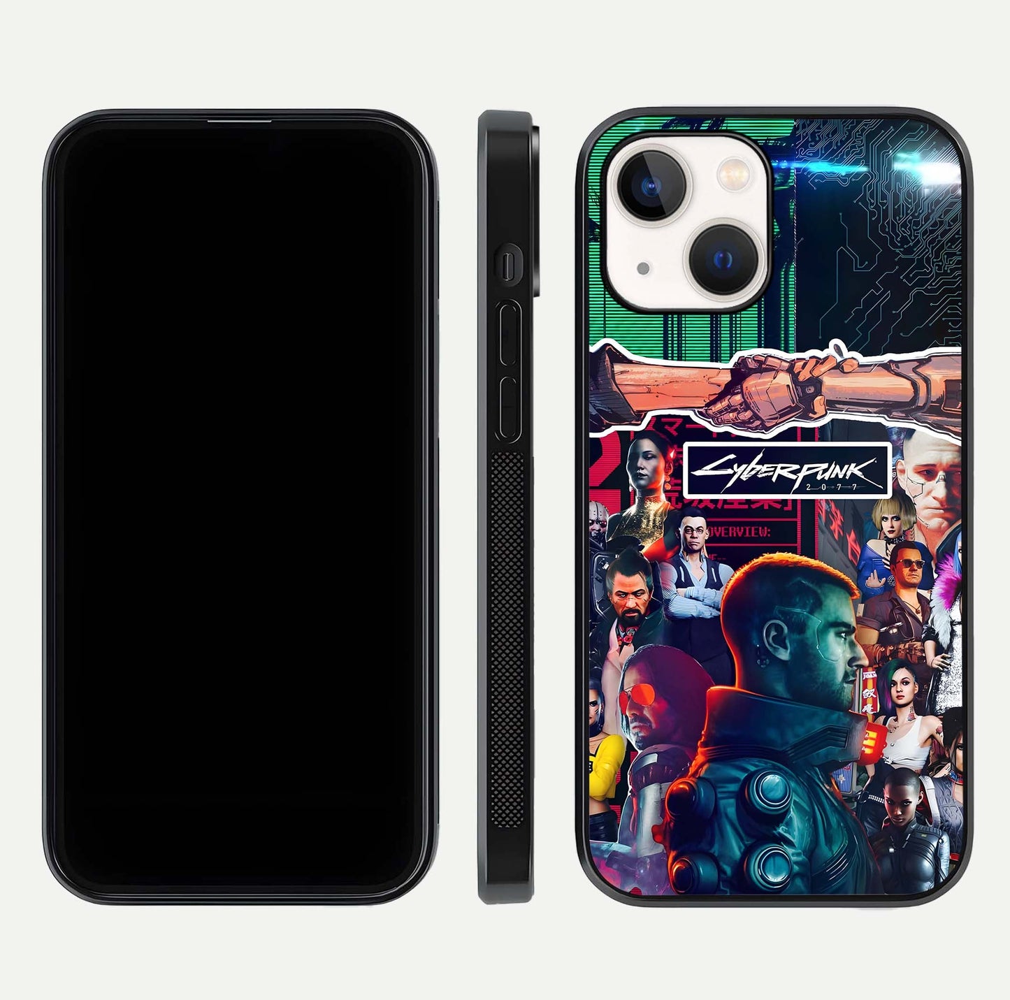 CYBERPUNK Legacy Glass Case for iPhone 14 dual-view layout showing cyberpunk hues and glass precision