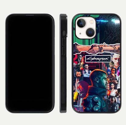 CYBERPUNK Legacy Glass Case for iPhone 14 dual-view layout showing cyberpunk hues and glass precision