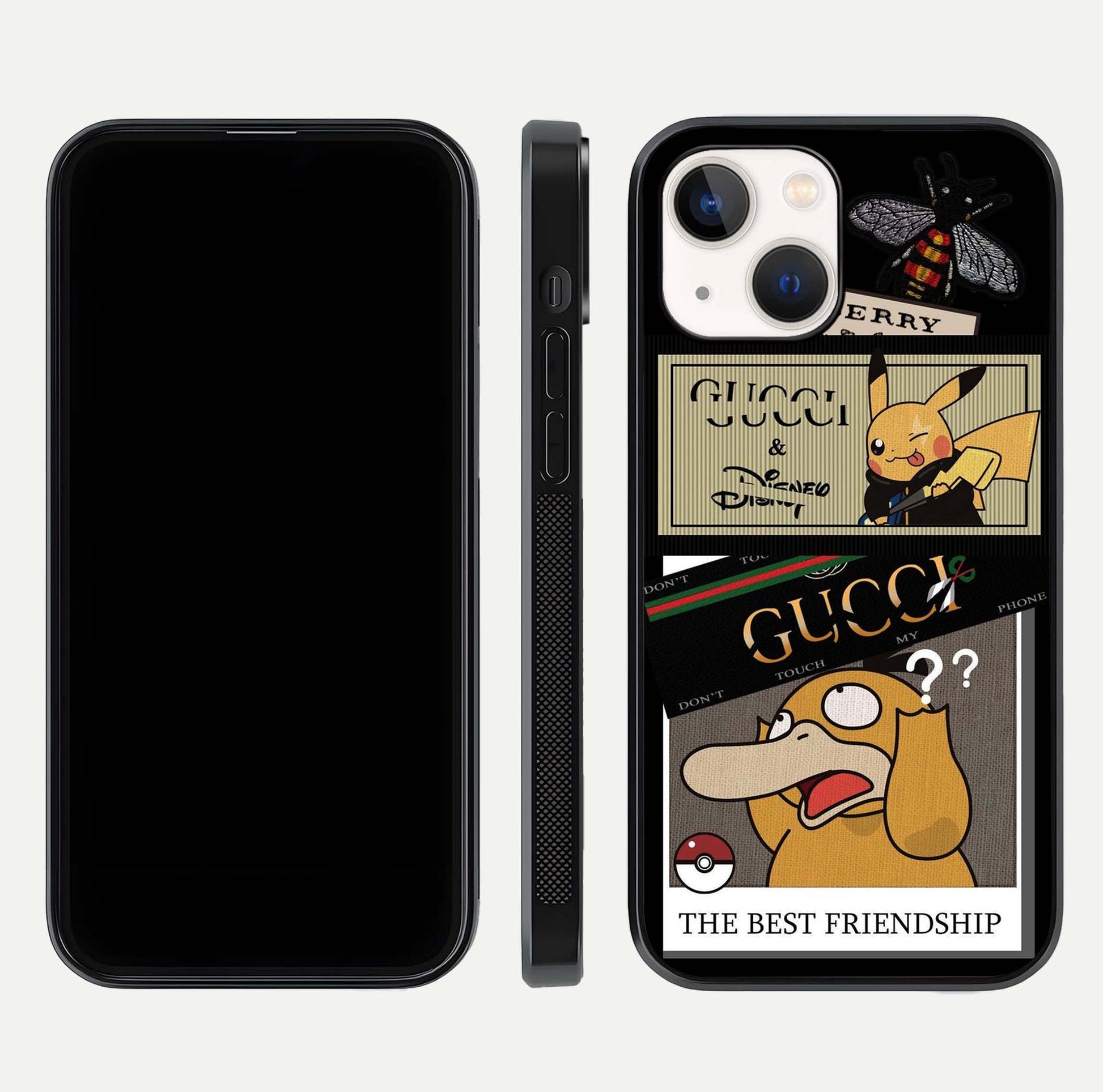Cartoon Brand Play Mashup Glass Case for iPhone 14 front and back view layout highlighting multi-logo artwork and curved edges