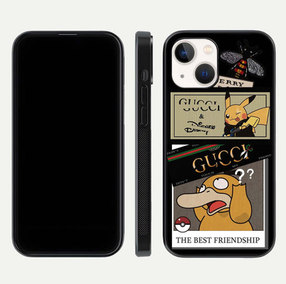 Cartoon Brand Play Mashup Glass Case for iPhone 14 front and back view layout highlighting multi-logo artwork and curved edges