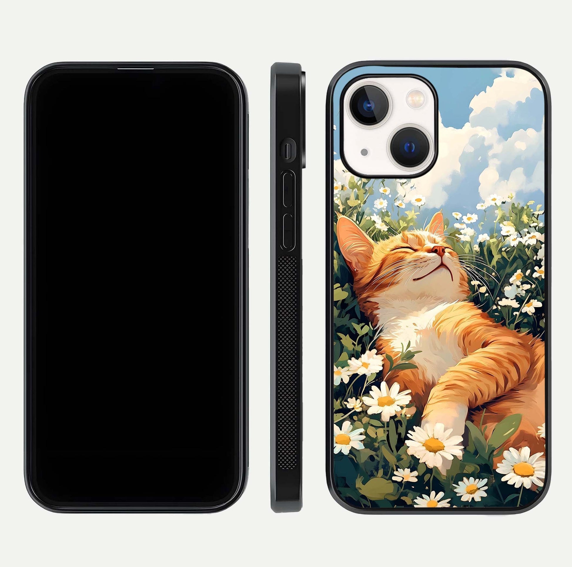 Cat & Flowers View Glass Case for iPhone 14 front-and-back layout showing floral balance and gloss surface