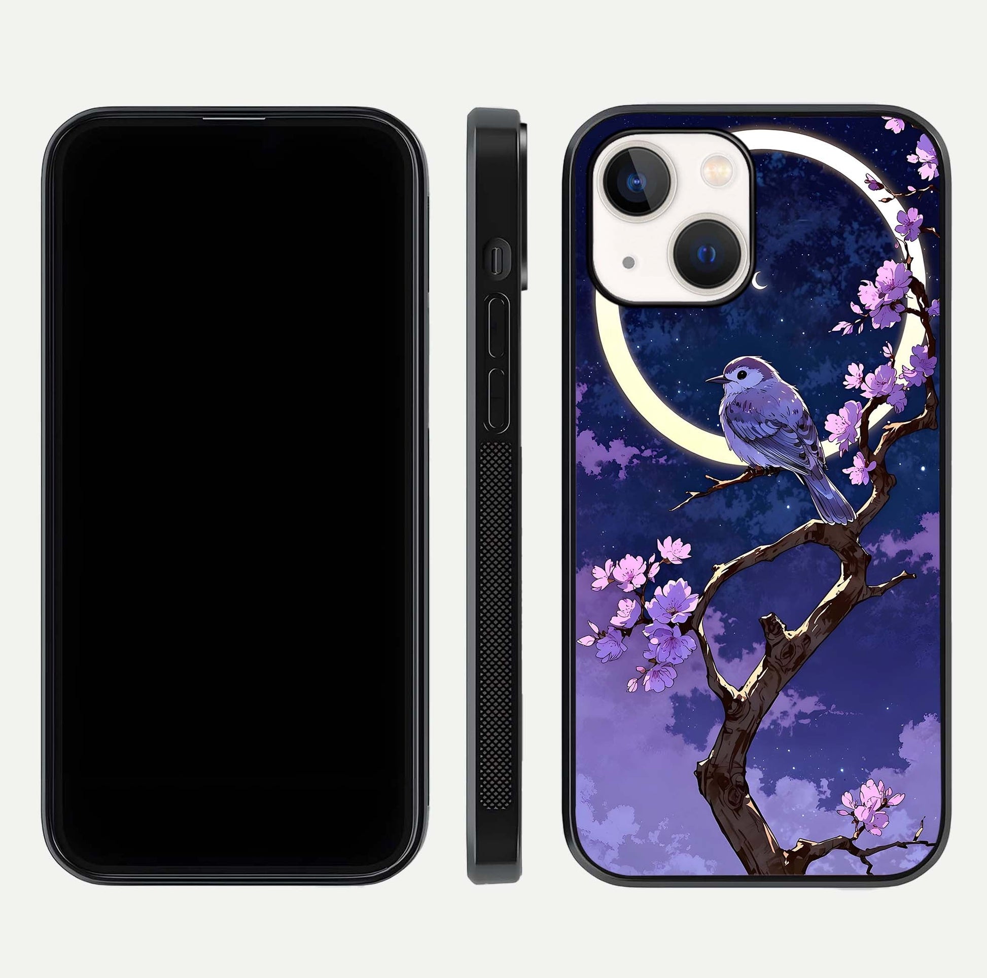 Celestial Bird Blossom Glass Case for iPhone 14 dual-view layout showing art composition and edge clarity
