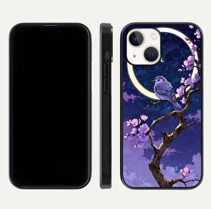 Celestial Bird Blossom Glass Case for iPhone 14 dual-view layout showing art composition and edge clarity
