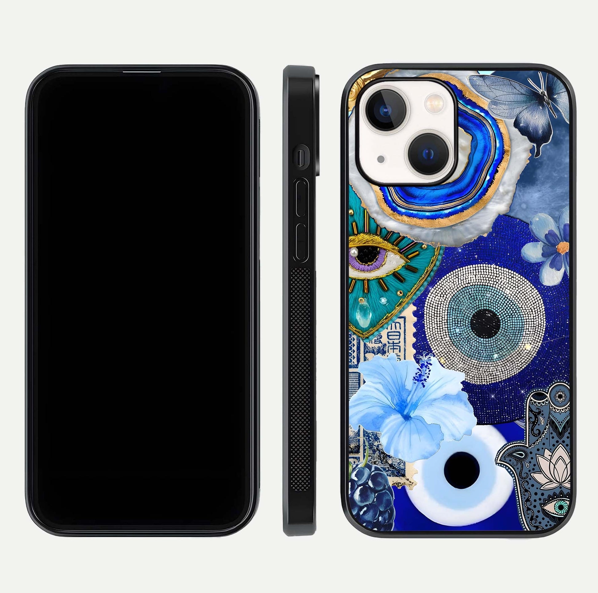 Celestial Blue Vision Glass Case for iPhone 14 dual-view layout showing celestial gradient and curved edges